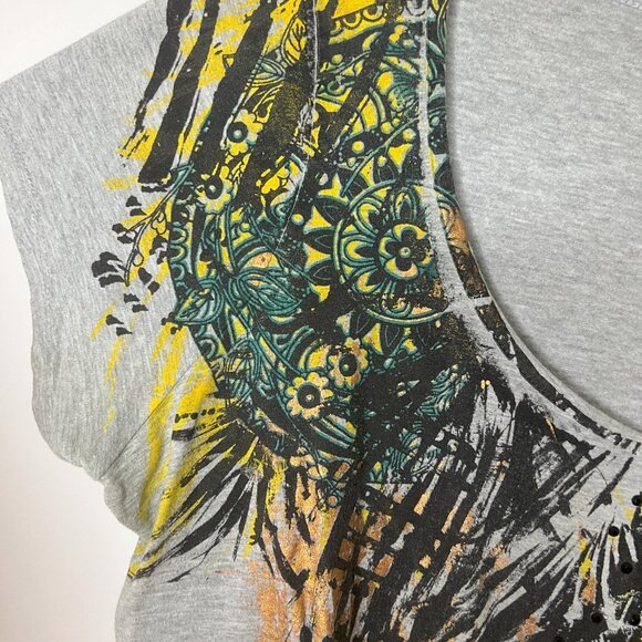 Torrid Plus Size Feather Print Fringe detail Grey Shirt Size Large/12 - Picture 5 of 8